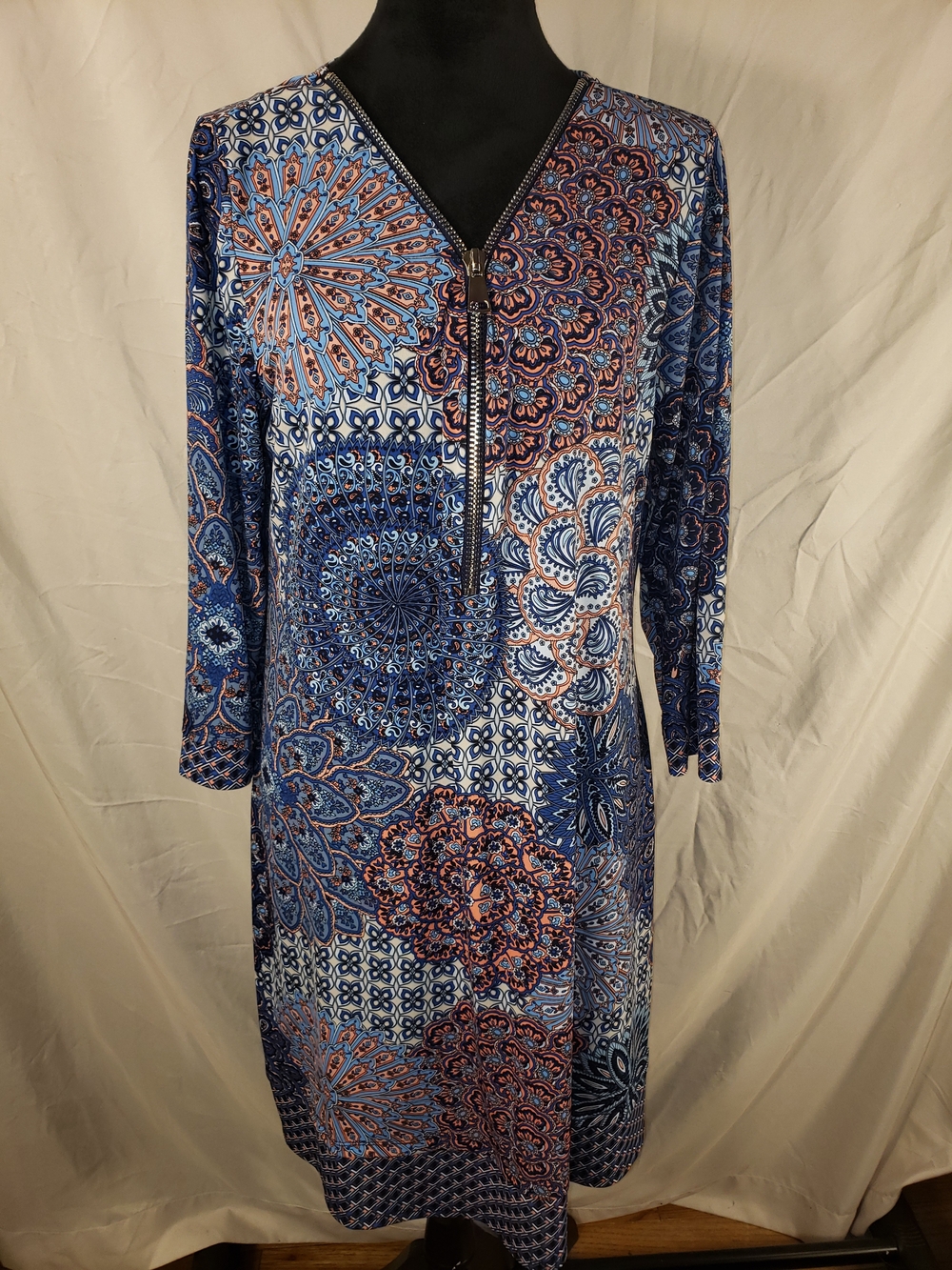 MSK Blue and Pink Printed Long-Sleeve Zip-Front Dress